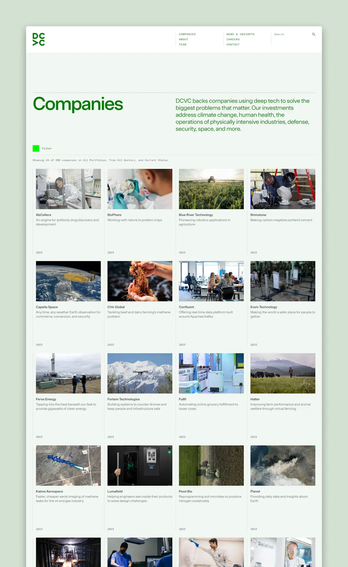This page showcases the 200+ companies DCVC has invested in